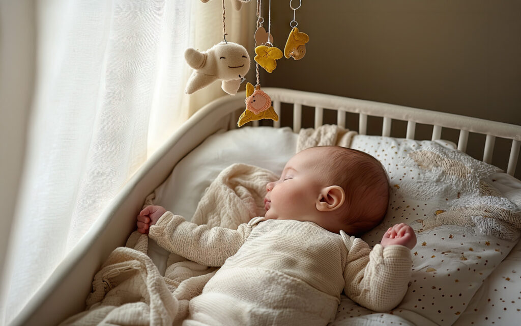 Recién nacido durmiendo en cuna con saco de dormir adaptado a la canastilla del bebé